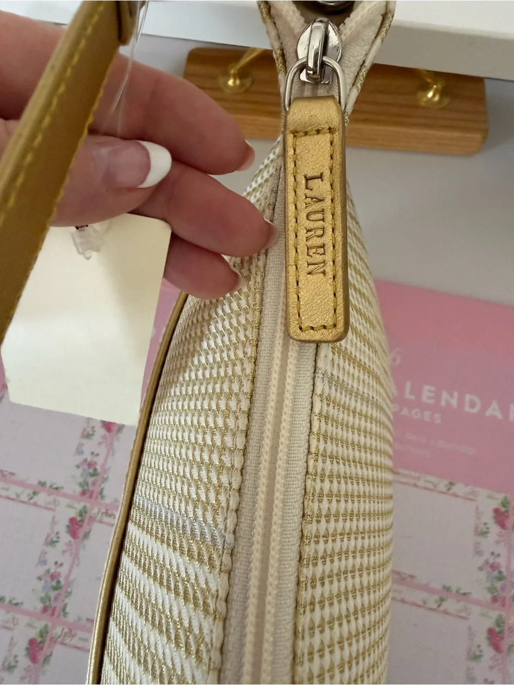 Vintage Ralph Lauren  Cream and gold Houndstooth Shoulder Bag with Gold Trim.